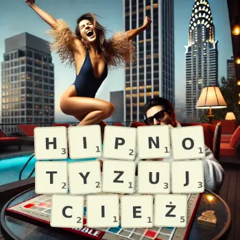 Kreatywna ilustracja do gry w Scrabble ze słowem HIPNOTYZUJCIEŻ ułożonym z płytek na planszy.