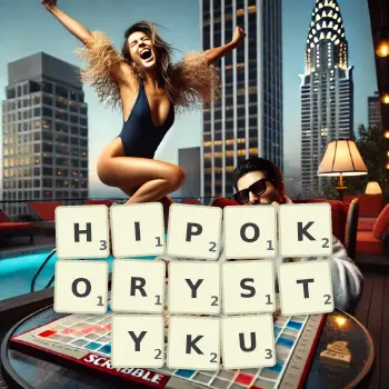 Kreatywna ilustracja do gry w Scrabble ze słowem HIPOKORYSTYKU ułożonym z płytek na planszy.