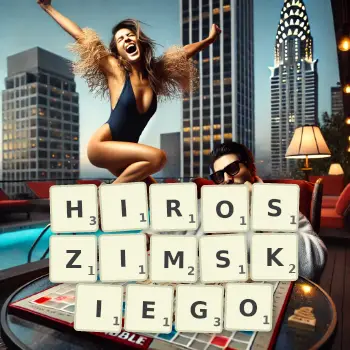 Kreatywna ilustracja do gry w Scrabble ze słowem HIROSZIMSKIEGO ułożonym z płytek na planszy.