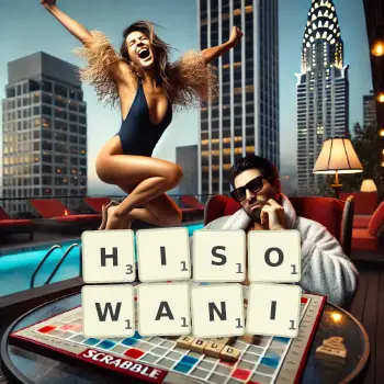 Kreatywna ilustracja do gry w Scrabble ze słowem HISOWANI ułożonym z płytek na planszy.