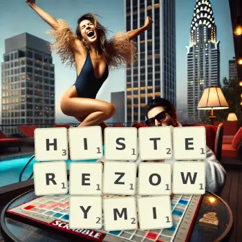 Kreatywna ilustracja do gry w Scrabble ze słowem HISTEREZOWYMI ułożonym z płytek na planszy.