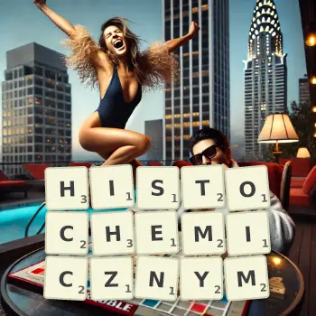 Kreatywna ilustracja do gry w Scrabble ze słowem HISTOCHEMICZNYM ułożonym z płytek na planszy.