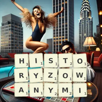Kreatywna ilustracja do gry w Scrabble ze słowem HISTORYZOWANYMI ułożonym z płytek na planszy.