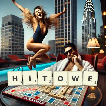 Kreatywna ilustracja do gry w Scrabble ze słowem HITOWE ułożonym z płytek na planszy.