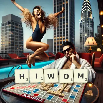 Kreatywna ilustracja do gry w Scrabble ze słowem HIWOM ułożonym z płytek na planszy.