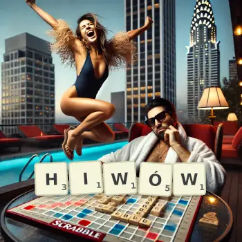 Kreatywna ilustracja do gry w Scrabble ze słowem HIWÓW ułożonym z płytek na planszy.