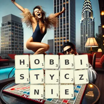 Kreatywna ilustracja do gry w Scrabble ze słowem HOBBISTYCZNIE ułożonym z płytek na planszy.