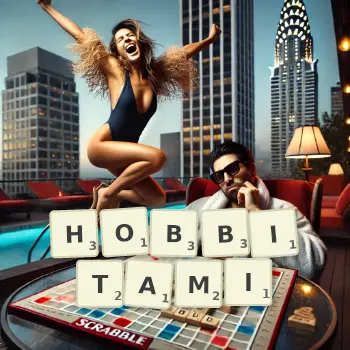 Kreatywna ilustracja do gry w Scrabble ze słowem HOBBITAMI ułożonym z płytek na planszy.