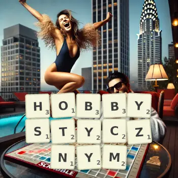 Kreatywna ilustracja do gry w Scrabble ze słowem HOBBYSTYCZNYM ułożonym z płytek na planszy.