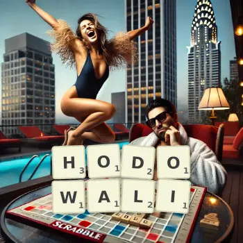 Kreatywna ilustracja do gry w Scrabble ze słowem HODOWALI ułożonym z płytek na planszy.