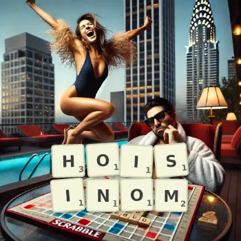 Kreatywna ilustracja do gry w Scrabble ze słowem HOISINOM ułożonym z płytek na planszy.