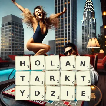 Kreatywna ilustracja do gry w Scrabble ze słowem HOLANTARKTYDZIE ułożonym z płytek na planszy.