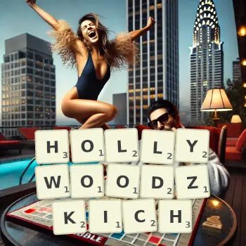 Kreatywna ilustracja do gry w Scrabble ze słowem HOLLYWOODZKICH ułożonym z płytek na planszy.