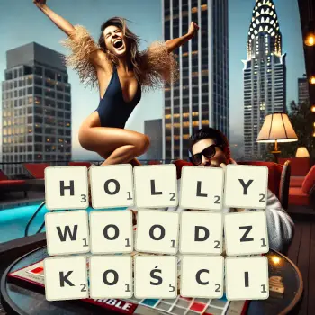 Kreatywna ilustracja do gry w Scrabble ze słowem HOLLYWOODZKOŚCI ułożonym z płytek na planszy.