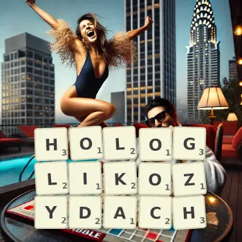 Kreatywna ilustracja do gry w Scrabble ze słowem HOLOGLIKOZYDACH ułożonym z płytek na planszy.