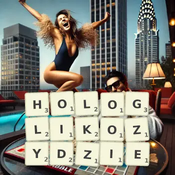 Kreatywna ilustracja do gry w Scrabble ze słowem HOLOGLIKOZYDZIE ułożonym z płytek na planszy.