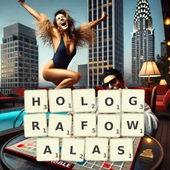 Kreatywna ilustracja do gry w Scrabble ze słowem HOLOGRAFOWALAS ułożonym z płytek na planszy.