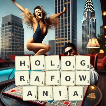 Kreatywna ilustracja do gry w Scrabble ze słowem HOLOGRAFOWANIA ułożonym z płytek na planszy.