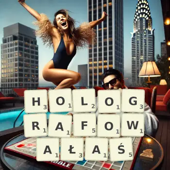 Kreatywna ilustracja do gry w Scrabble ze słowem HOLOGRAFOWAŁAŚ ułożonym z płytek na planszy.