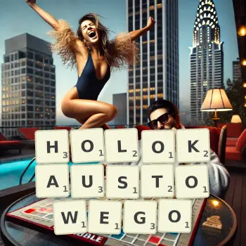 Kreatywna ilustracja do gry w Scrabble ze słowem HOLOKAUSTOWEGO ułożonym z płytek na planszy.