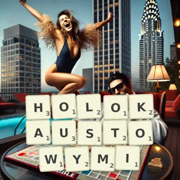 Kreatywna ilustracja do gry w Scrabble ze słowem HOLOKAUSTOWYMI ułożonym z płytek na planszy.