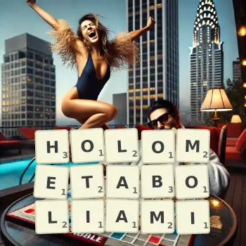 Kreatywna ilustracja do gry w Scrabble ze słowem HOLOMETABOLIAMI ułożonym z płytek na planszy.