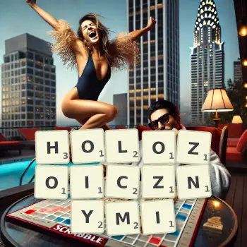 Kreatywna ilustracja do gry w Scrabble ze słowem HOLOZOICZNYMI ułożonym z płytek na planszy.