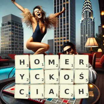 Kreatywna ilustracja do gry w Scrabble ze słowem HOMERYCKOŚCIACH ułożonym z płytek na planszy.