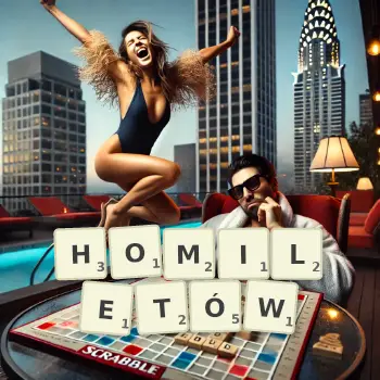 Kreatywna ilustracja do gry w Scrabble ze słowem HOMILETÓW ułożonym z płytek na planszy.