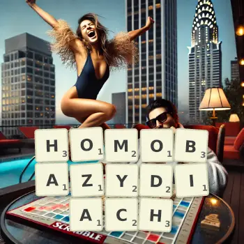 Kreatywna ilustracja do gry w Scrabble ze słowem HOMOBAZYDIACH ułożonym z płytek na planszy.