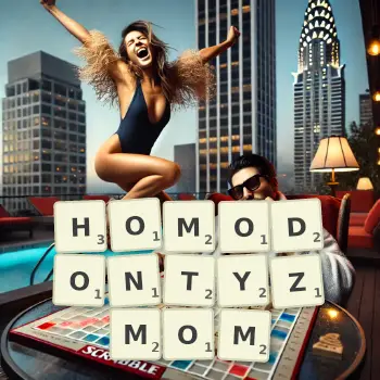 Kreatywna ilustracja do gry w Scrabble ze słowem HOMODONTYZMOM ułożonym z płytek na planszy.