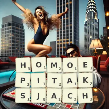 Kreatywna ilustracja do gry w Scrabble ze słowem HOMOEPITAKSJACH ułożonym z płytek na planszy.