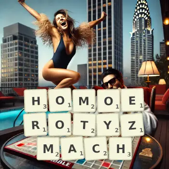 Kreatywna ilustracja do gry w Scrabble ze słowem HOMOEROTYZMACH ułożonym z płytek na planszy.