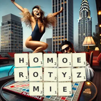 Kreatywna ilustracja do gry w Scrabble ze słowem HOMOEROTYZMIE ułożonym z płytek na planszy.