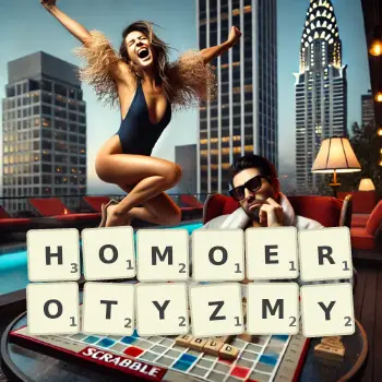 Kreatywna ilustracja do gry w Scrabble ze słowem HOMOEROTYZMY ułożonym z płytek na planszy.