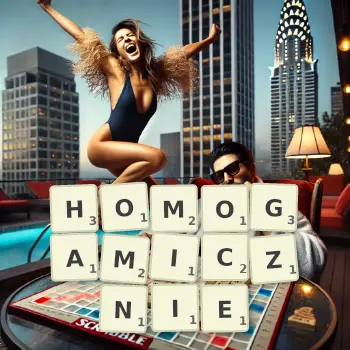 Kreatywna ilustracja do gry w Scrabble ze słowem HOMOGAMICZNIE ułożonym z płytek na planszy.
