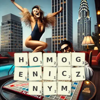 Kreatywna ilustracja do gry w Scrabble ze słowem HOMOGENICZNYM ułożonym z płytek na planszy.