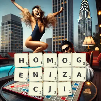 Kreatywna ilustracja do gry w Scrabble ze słowem HOMOGENIZACJI ułożonym z płytek na planszy.