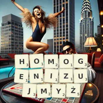 Kreatywna ilustracja do gry w Scrabble ze słowem HOMOGENIZUJMYŻ ułożonym z płytek na planszy.