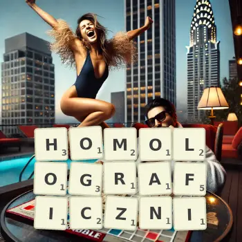 Kreatywna ilustracja do gry w Scrabble ze słowem HOMOLOGRAFICZNI ułożonym z płytek na planszy.
