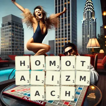 Kreatywna ilustracja do gry w Scrabble ze słowem HOMOTALIZMACH ułożonym z płytek na planszy.
