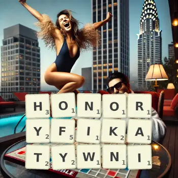 Kreatywna ilustracja do gry w Scrabble ze słowem HONORYFIKATYWNI ułożonym z płytek na planszy.