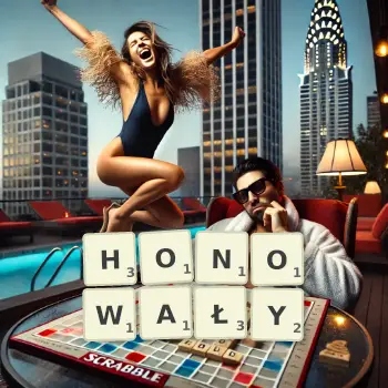 Kreatywna ilustracja do gry w Scrabble ze słowem HONOWAŁY ułożonym z płytek na planszy.