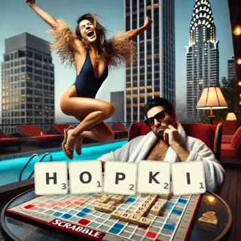 Kreatywna ilustracja do gry w Scrabble ze słowem HOPKI ułożonym z płytek na planszy.