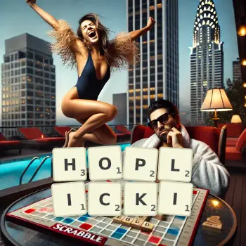 Kreatywna ilustracja do gry w Scrabble ze słowem HOPLICKI ułożonym z płytek na planszy.