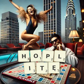 Kreatywna ilustracja do gry w Scrabble ze słowem HOPLITĘ ułożonym z płytek na planszy.