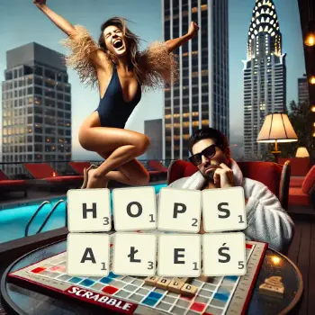 Kreatywna ilustracja do gry w Scrabble ze słowem HOPSAŁEŚ ułożonym z płytek na planszy.