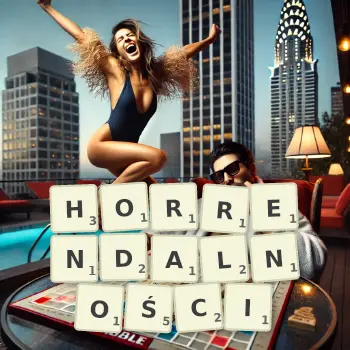 Kreatywna ilustracja do gry w Scrabble ze słowem HORRENDALNOŚCI ułożonym z płytek na planszy.