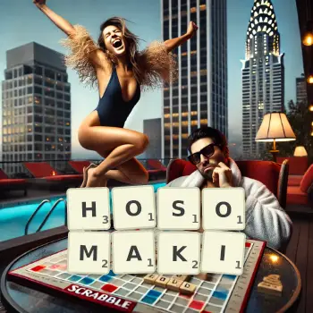 Kreatywna ilustracja do gry w Scrabble ze słowem HOSOMAKI ułożonym z płytek na planszy.