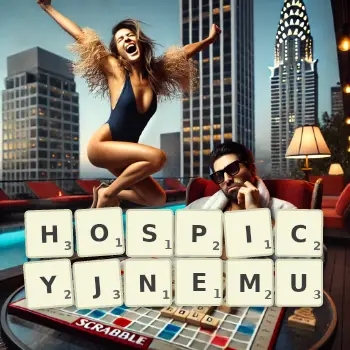 Kreatywna ilustracja do gry w Scrabble ze słowem HOSPICYJNEMU ułożonym z płytek na planszy.